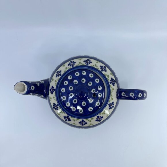 vintage boleslawiec polish pottery tea pot "blue daisy" pattern handcrafted - Picture 5 of 7